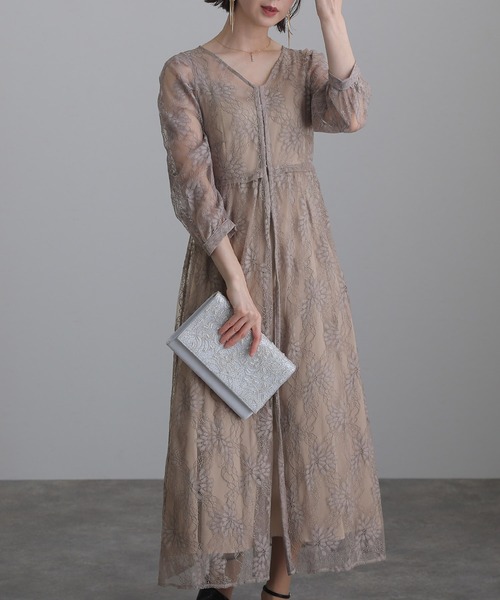 atlo オケージョンドレス 結婚式 お呼ばれドレス Lサイズ atlo ドレス 結婚式 パーティードレス レースミモレ丈＆七分袖