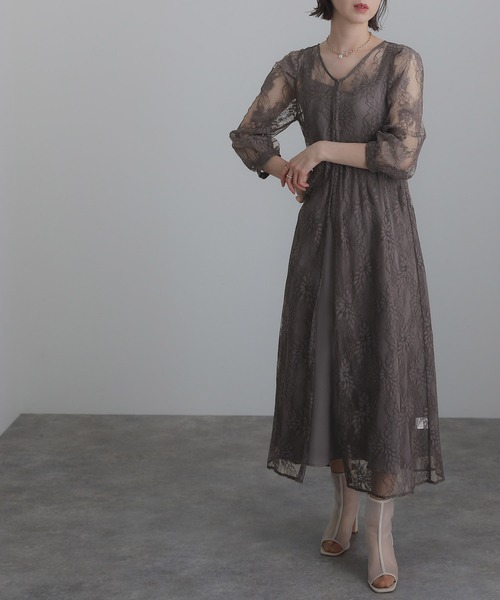 atlo（アトロ） ドレス 袖あり＆ミモレ丈 パーティードレス レイヤード