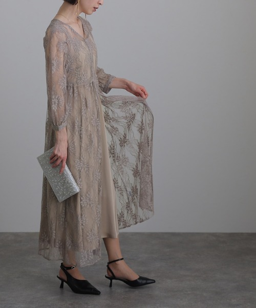 atlo（アトロ） ドレス 袖あり＆ミモレ丈 パーティードレス レイヤード