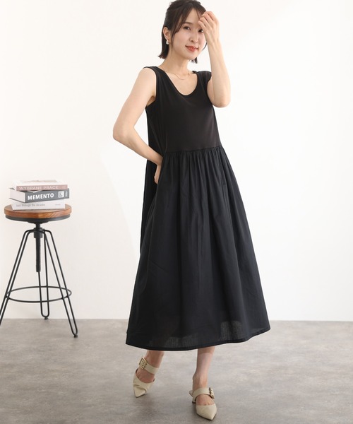 リゾート ワンピース ノースリーブ 異素材ミックス 韓国 r3-419 TRUBE ワンピース ノースリーブ マキシ丈 ワッシャードレス 夏