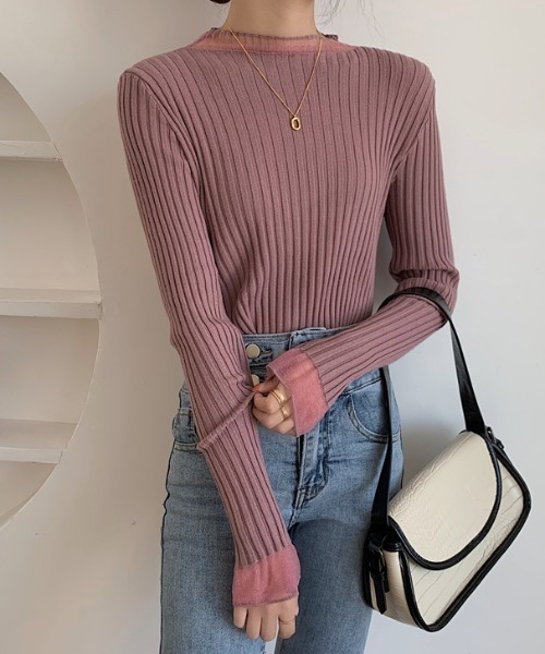 N.s tシャツ 袖シアードッキングリブニットトップス レディース