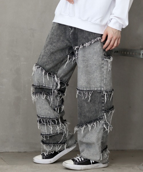 フリンジデザインデニムワイドレッグパンツ FRINGE DENIM WIDE PANTS/フリンジデニムワイドパンツ（デニム