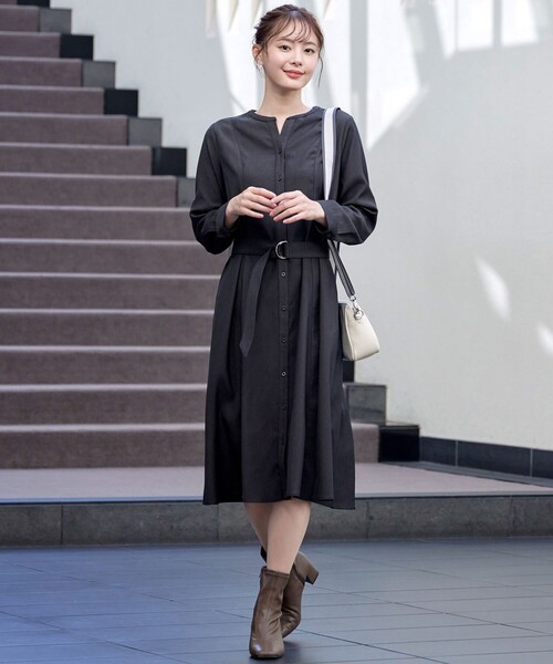DT♪4ARABBA ベルト付きシャツドレス ワンピース フレアミディ Tiaclasse シャツワンピース ベルト付きスキッパーシャツ