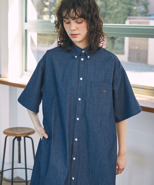 シャツワンピース アソート ナンバリング刺繍 ボタンダウン 半袖