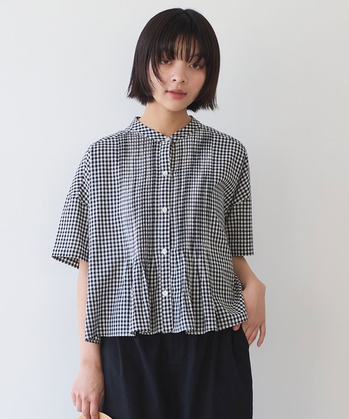 bulle de savon ビュルデサボン 半袖ブラウス ギンガムチェック bulle de savon ブラウス シャツ gingham pin tuck レディース