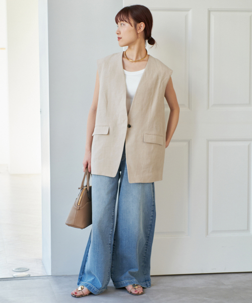DT♪ PALK リネンキャンバス ベスト ジレ 関税込 Spick＆Span ベスト ジレ リネンキャンバスVカラージレ