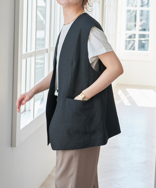 Spick＆Span ベスト ジレ リネンキャンバスVカラージレ