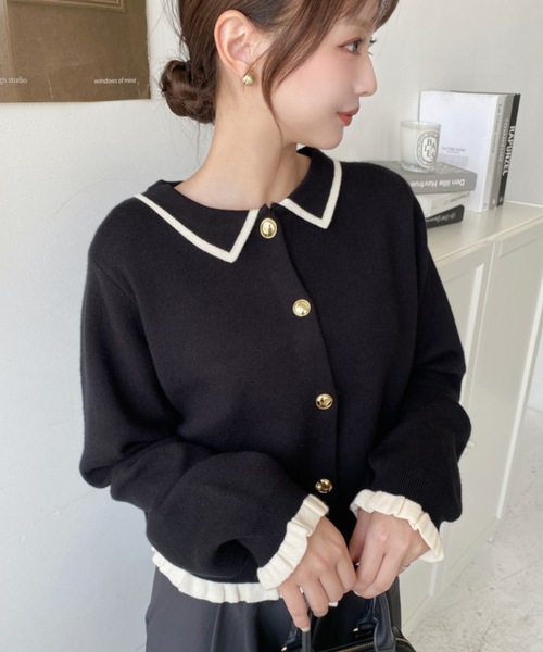 moment+ カーディガン えり付き配色フリルカーディガン レディース