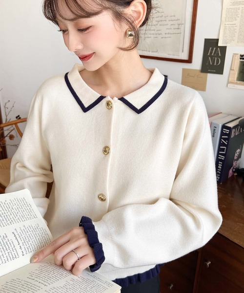 moment+ カーディガン えり付き配色フリルカーディガン レディース