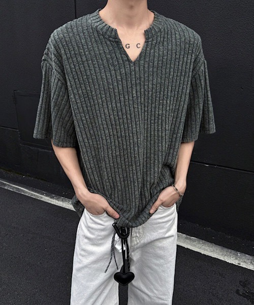 キーネック ルーズ Tシャツ 2色 チェック プルオーバー cr3808 キーネック ルーズ Tシャツ 2色 チェック プルオーバー cr3808
