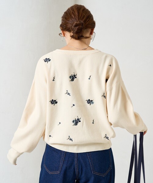 カーディガン 限定展開　フラワー 刺繍 クルーネック ニット カーディガン レディース FREAK'S STORE カーディガン 限定展開 フラワー 刺繍 クルー