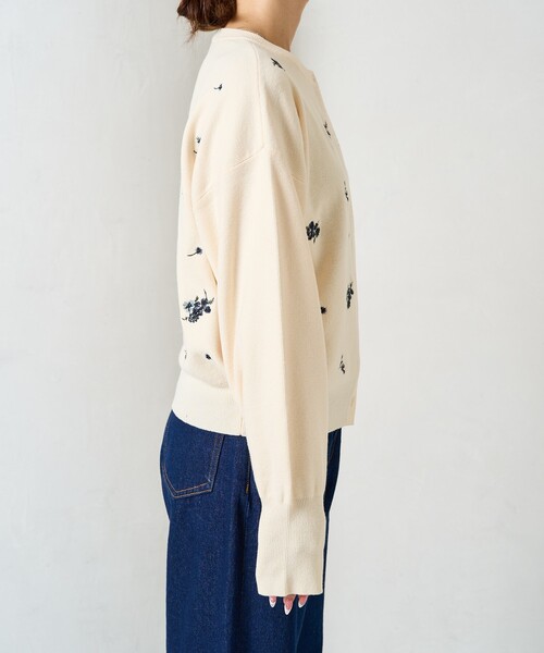 カーディガン 限定展開　フラワー 刺繍 クルーネック ニット カーディガン レディース FREAK'S STORE カーディガン 限定展開 フラワー 刺繍 クルー