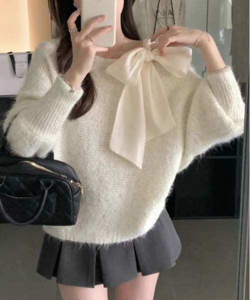 ニット セーター スパンコール ワンショルダー リボン レディース