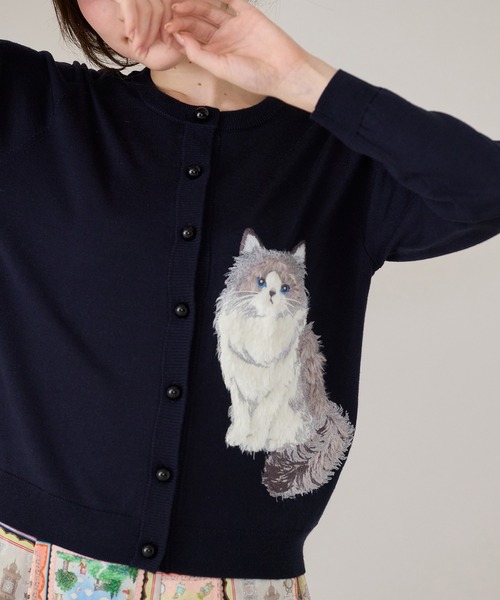 Jolly Poupee カーディガン ねこ刺繍ニットカーディガン レディース
