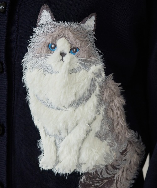 Jolly Poupee カーディガン ねこ刺繍ニットカーディガン レディース