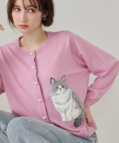 Jolly Poupee カーディガン ねこ刺繍ニットカーディガン レディース