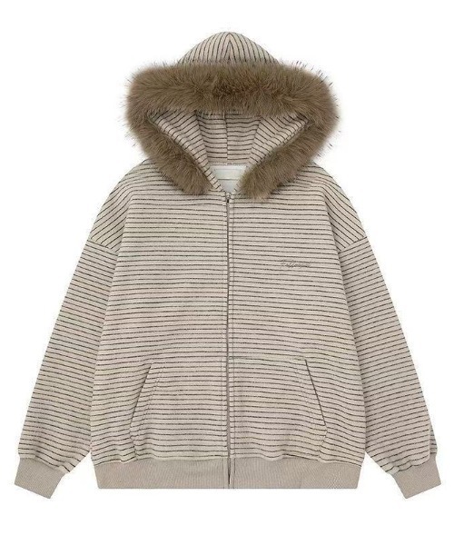 ファーフードジャケット FreeZone パーカー フェイクファーフード ボーダーZIPパーカー メンズ