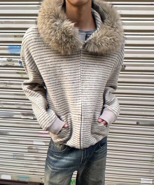 FreeZone パーカー フェイクファーフード ボーダーZIPパーカー メンズ