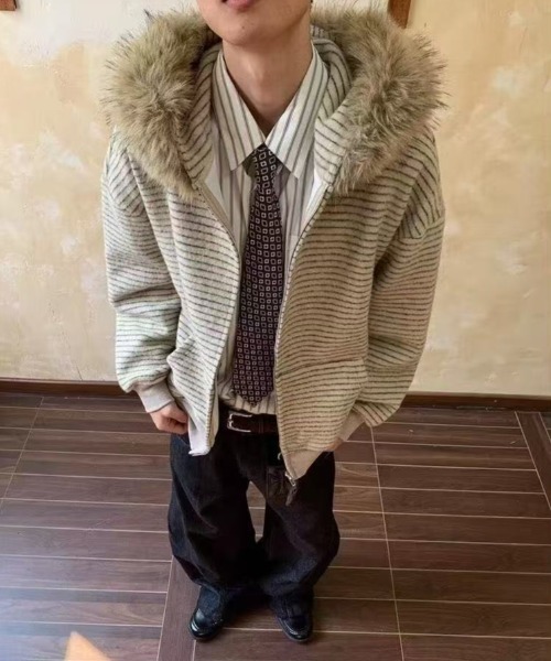 FreeZone パーカー フェイクファーフード ボーダーZIPパーカー メンズ