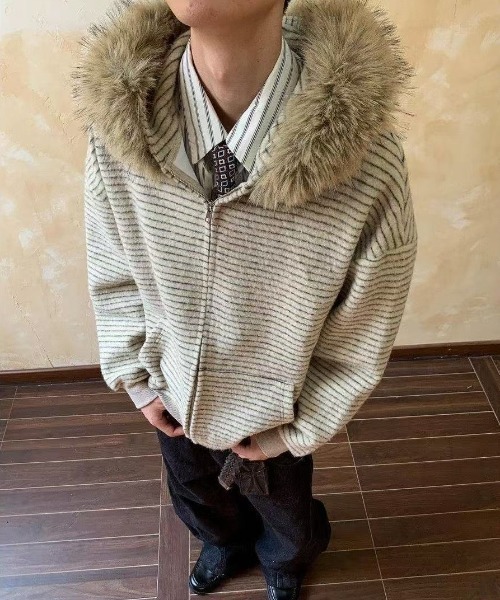 FreeZone パーカー フェイクファーフード ボーダーZIPパーカー メンズ