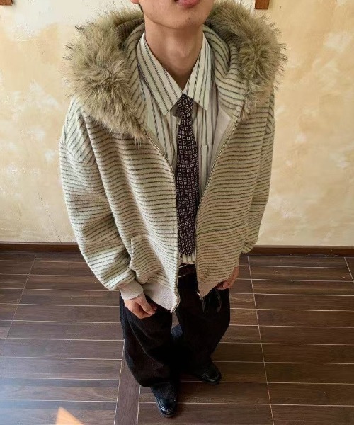 FreeZone パーカー フェイクファーフード ボーダーZIPパーカー メンズ