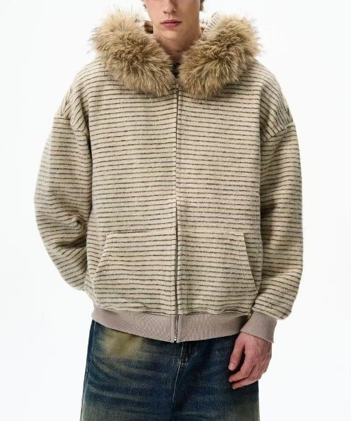 FreeZone パーカー フェイクファーフード ボーダーZIPパーカー メンズ