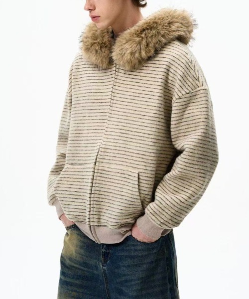 FreeZone パーカー フェイクファーフード ボーダーZIPパーカー メンズ