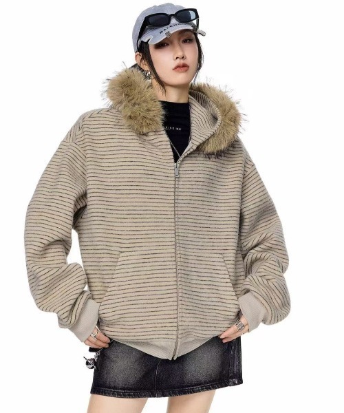 FreeZone パーカー フェイクファーフード ボーダーZIPパーカー メンズ