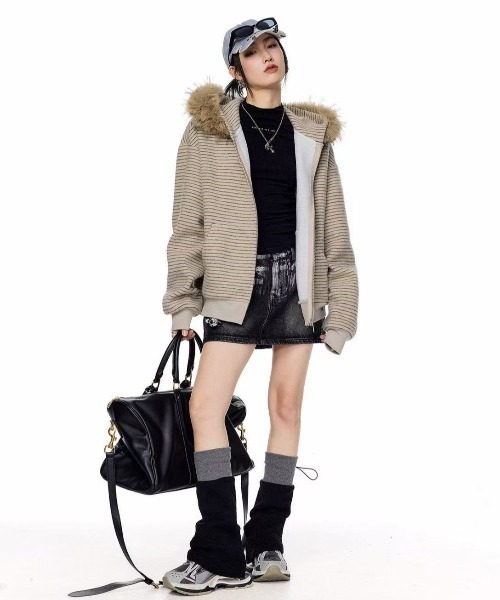 FreeZone パーカー フェイクファーフード ボーダーZIPパーカー メンズ