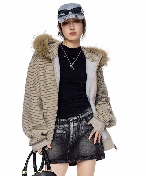 FreeZone パーカー フェイクファーフード ボーダーZIPパーカー メンズ