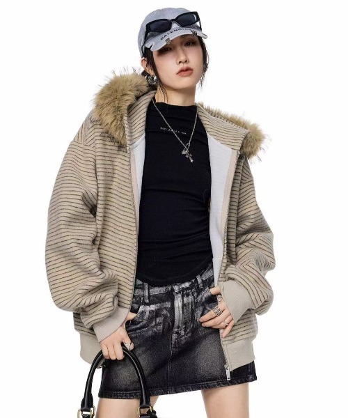 FreeZone パーカー フェイクファーフード ボーダーZIPパーカー メンズ