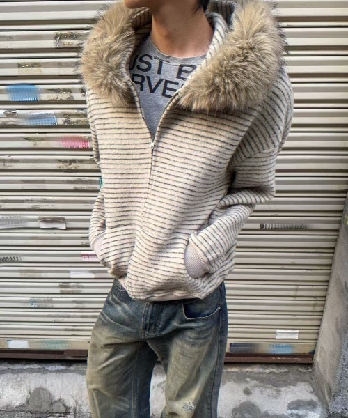 FreeZone パーカー フェイクファーフード ボーダーZIPパーカー メンズ