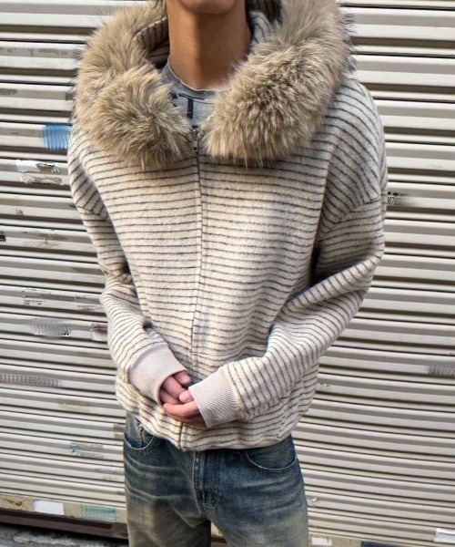 FreeZone パーカー フェイクファーフード ボーダーZIPパーカー メンズ