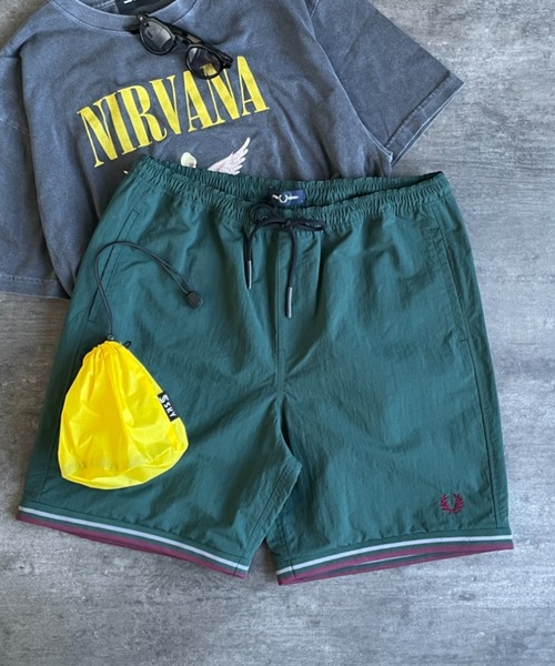 パンツ 「FRED PERRY/フレッドペリー」 別注 ツインティップライン ワンポイントロゴ刺繍 スイムショートパンツ レディース メンズの画像