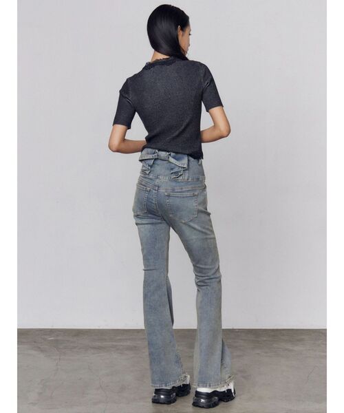 ジーンズ デニム デニムパンツ バックリボンフレアハイウエストパギンス レディースの画像