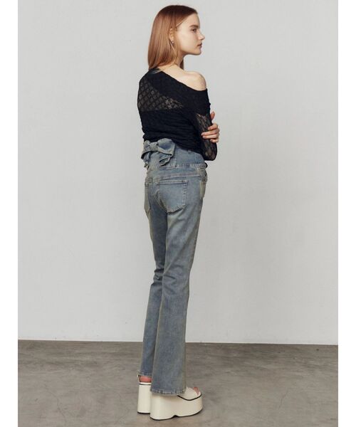 ジーンズ デニム デニムパンツ バックリボンフレアハイウエストパギンス レディースの画像