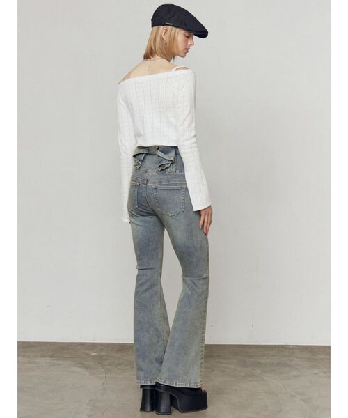 ジーンズ デニム デニムパンツ バックリボンフレアハイウエストパギンス レディースの画像