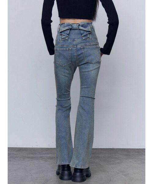 ジーンズ デニム デニムパンツ バックリボンフレアハイウエストパギンス レディースの画像