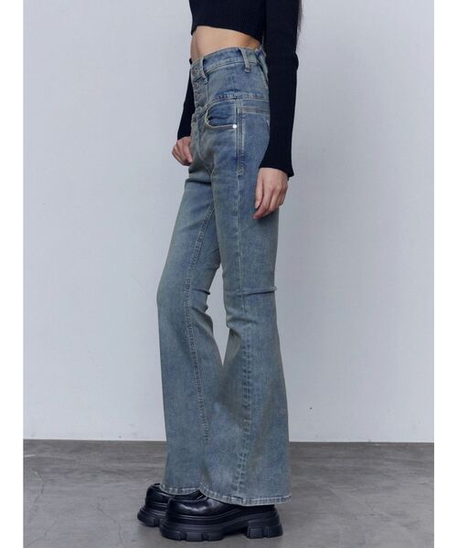 ジーンズ デニム デニムパンツ バックリボンフレアハイウエストパギンス レディースの画像