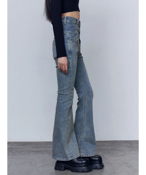 ジーンズ デニム デニムパンツ バックリボンフレアハイウエストパギンス レディースの画像