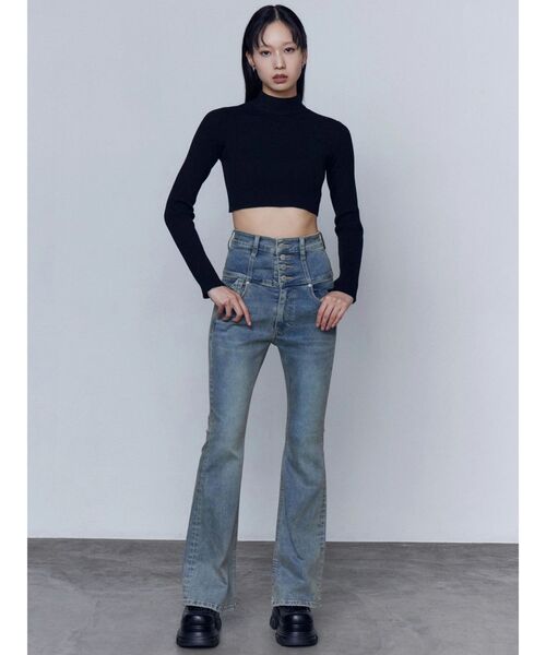 ジーンズ デニム デニムパンツ バックリボンフレアハイウエストパギンス レディースの画像