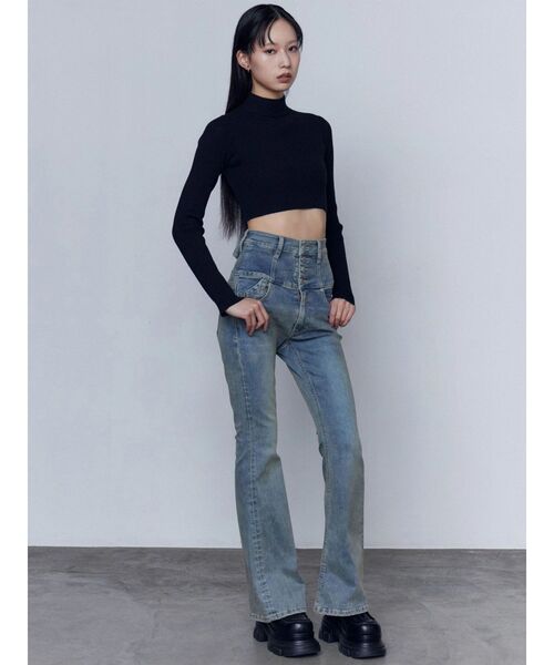 ジーンズ デニム デニムパンツ バックリボンフレアハイウエストパギンス レディースの画像