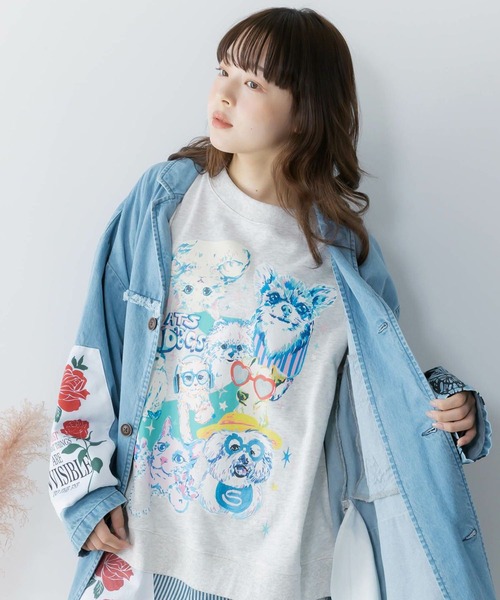 ★9500→8500★スーちゃん＆お友達＆アニマル＊ショルダー大＊パープル系 ScoLar（スカラー） トレーナー スウェット ラメ入りわんにゃん柄裏毛