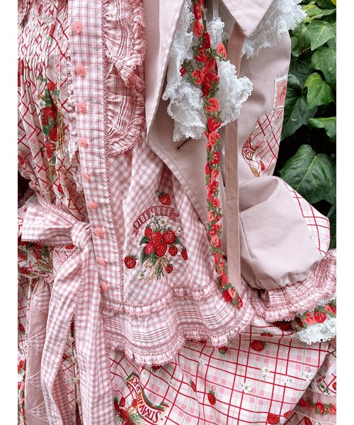 PINK HOUSE ピンクハウス ブーケ刺繍 花柄 リボン チェック フリル PINK HOUSE（ピンクハウス） ブラウス シャツ 苺ブーケ刺繍入り