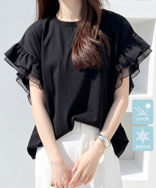 JUNROPE ブラック　フリル半袖Tシャツ GeeRA（ジーラ） tシャツ 半袖 「新色追加」「接触冷感・UV対策」綿100