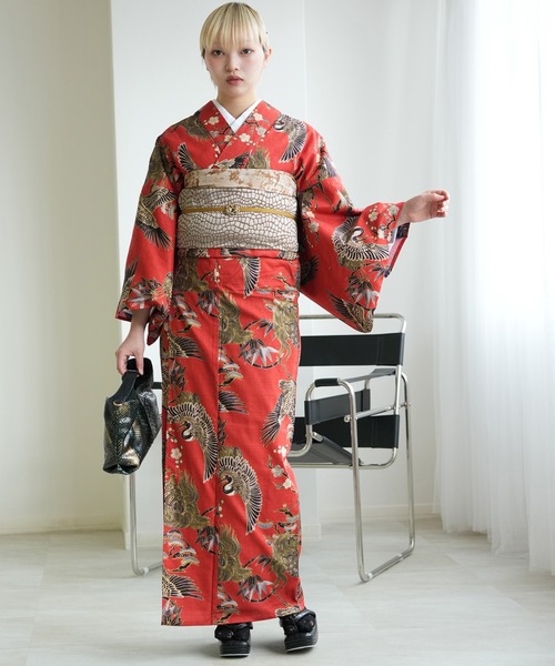 utatane 着物 着物 単衣 ニコアンティーク 文学・鶴亀 レッド