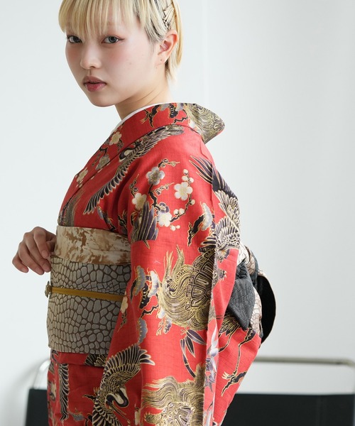 utatane 着物 着物 単衣 ニコアンティーク 文学・鶴亀 レッド