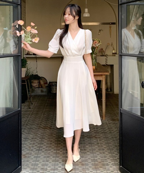 apolina パフスリーブ半袖ワンピース Aelina ワンピース 半袖 Vネックパフスリーブワンピース : ZOZOTOWN