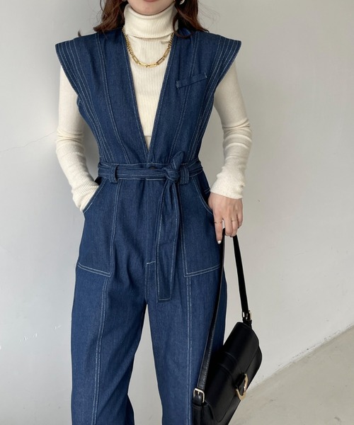 完売品 【新品未使用】 emmi オールインワン ネイビー サロペット emi+ サロペット オーバーオール フレンチスリーブVネックデニム