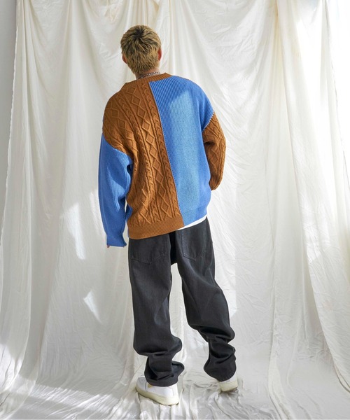 NO NEED セーター ニット リメイクVネックニット 配色/ステッチ  